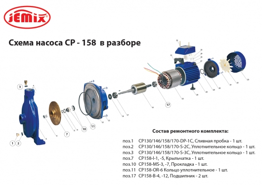 SET-CP-158, Ремонтный комплект к насосу  CP-158, состав: сливная пробка, уплотнительное кольцо - 3 шт., крыльчатка, прокладка пружинная, подшитник - 2 шт.