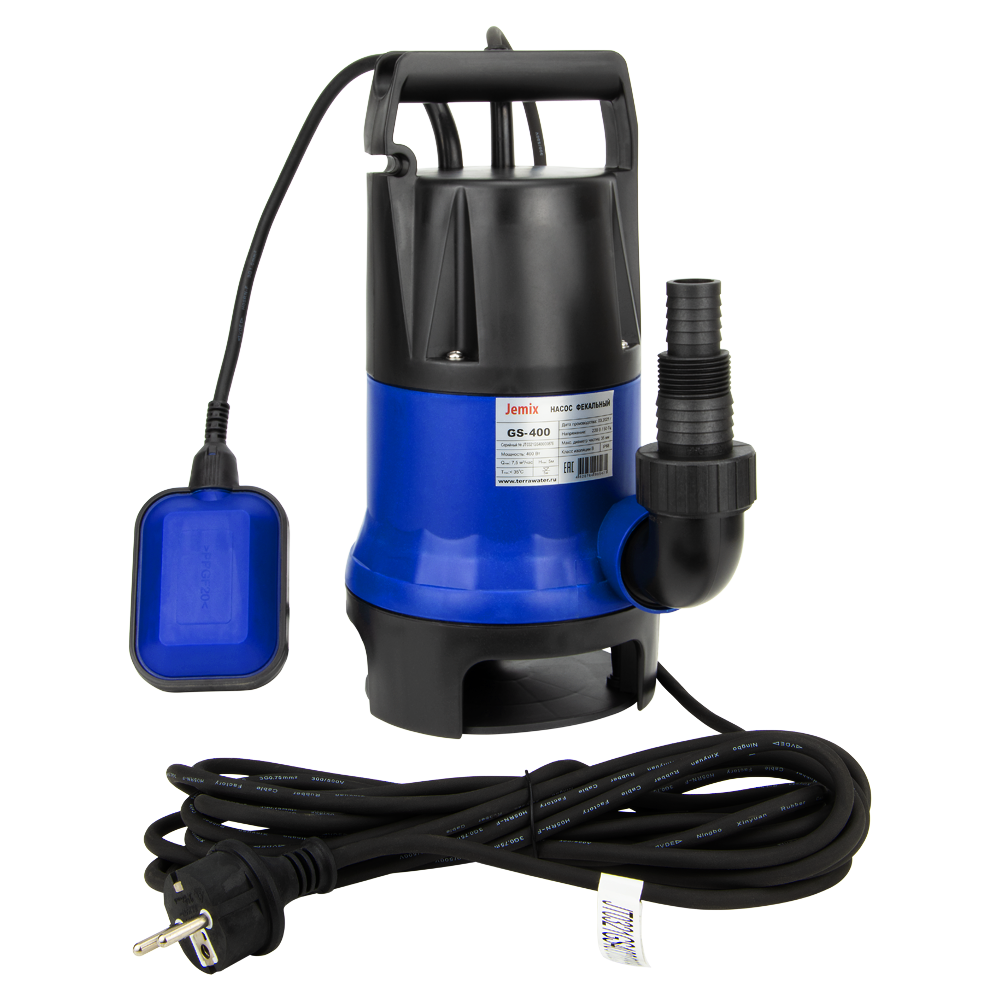 GS-900, Насос фекальный JEMIX, (Корпус Пластик, 0,9 КВт, напор 9 м, произв. 15 куб.м/час) Диаметр всасываемых частиц 35 мм.