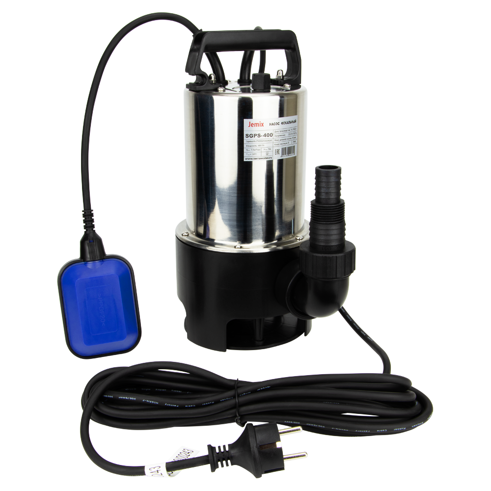 SGPS-1100, Насос фекальный JEMIX, (Корпус нерж.сталь.1,1 КВт, напор 9,5 м, произв. 16 куб.м/час) Диаметр всасываемых частиц 35 мм.