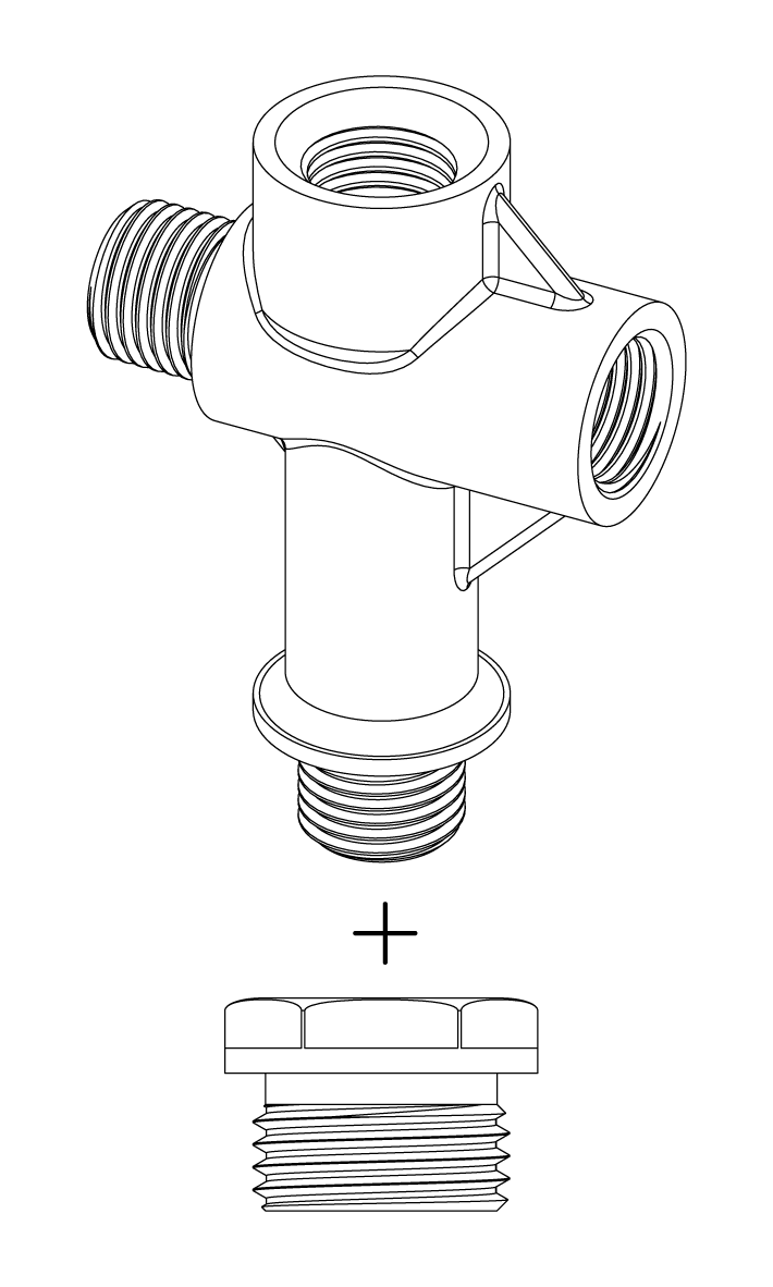 TBC3-4M, Переходник латунный с 4 подключениями (1/4''M, 1/4''M, 1/4''F, 1/4''F + футорка1/2"M-1/4"F).